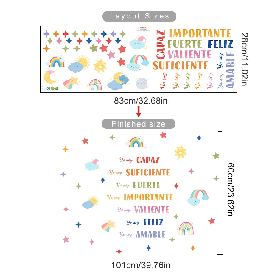 Decorative wall stickers with colorful text and symbols, including stars, rainbows, and clouds, with layout size and finished size measurements.