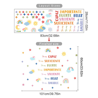 Decorative wall stickers with colorful text and symbols, including stars, rainbows, and clouds, with layout size and finished size measurements.