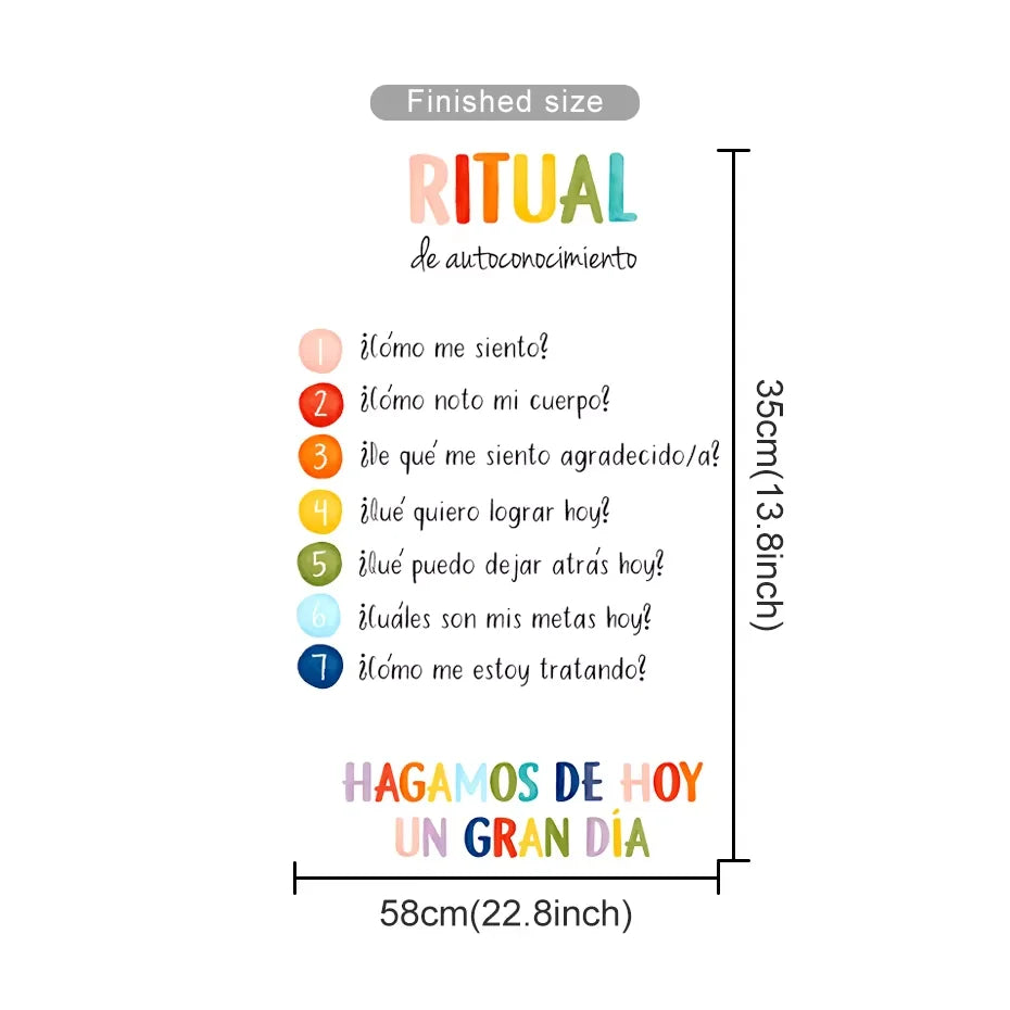 Measurement chart for a product titled 'Ritual de autoconocimiento' with colorful text and dimensions.