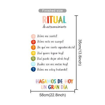 Measurement chart for a product titled 'Ritual de autoconocimiento' with colorful text and dimensions.