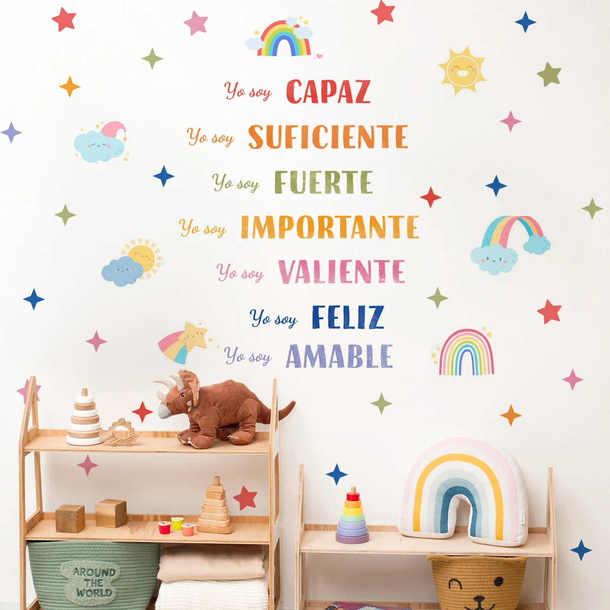 Children's room with motivational wall phrases and colorful decorations