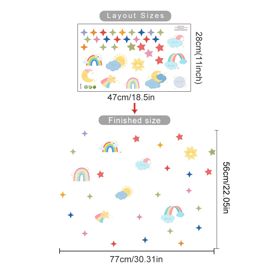 Measurement chart showing layout sizes of colorful wall stickers including rainbows, stars, and clouds.