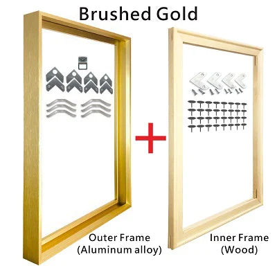 Square Format Brushed Gold Metal Picture - Complete With Wooden Inner Frame