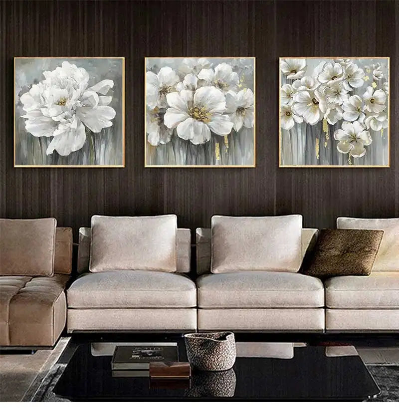 Square Format Gray White Floral Wall Art Fine Art Canvas Prints Modern Botanical Pictures For Living Room Dining Room Bedroom Art For Contemporary Interiors