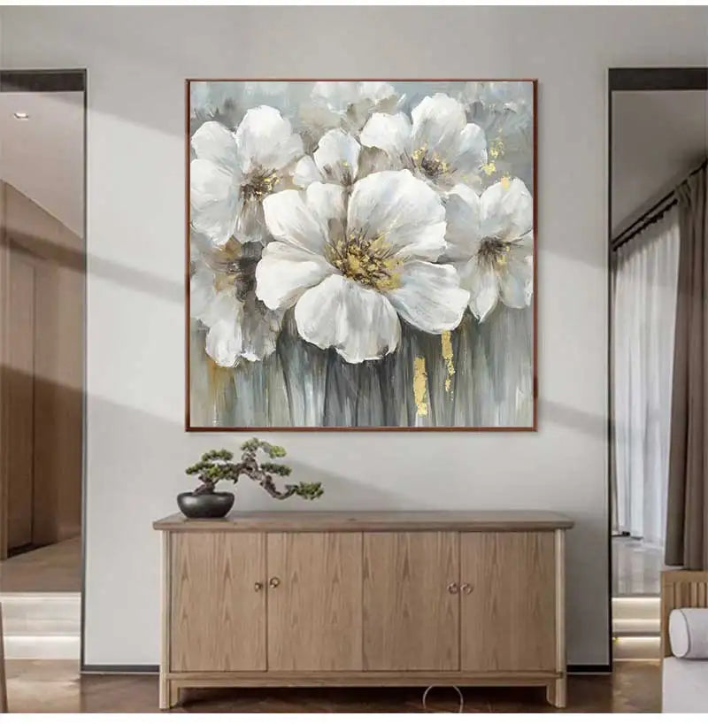 Square Format Gray White Floral Wall Art Fine Art Canvas Prints Modern Botanical Pictures For Living Room Dining Room Bedroom Art For Contemporary Interiors 2025