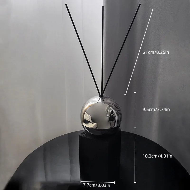 Reed diffuser with measurement indicators on a neutral background