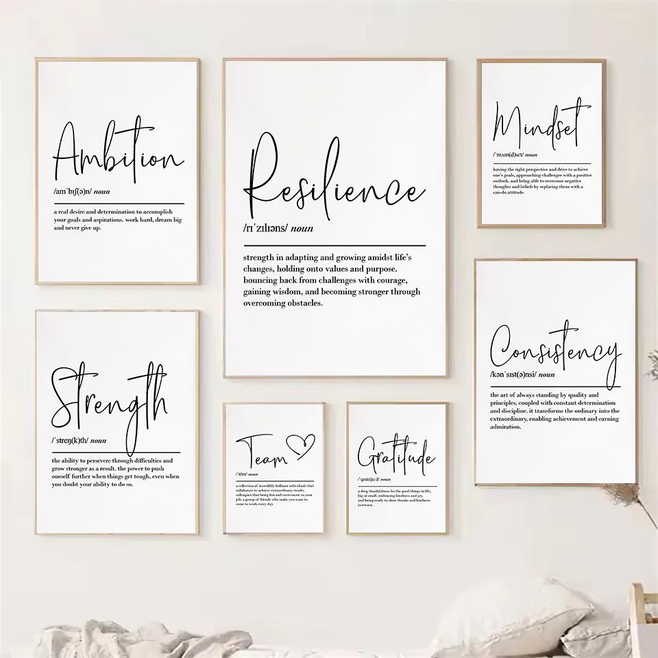 Set of motivational wall art prints on a white wall.