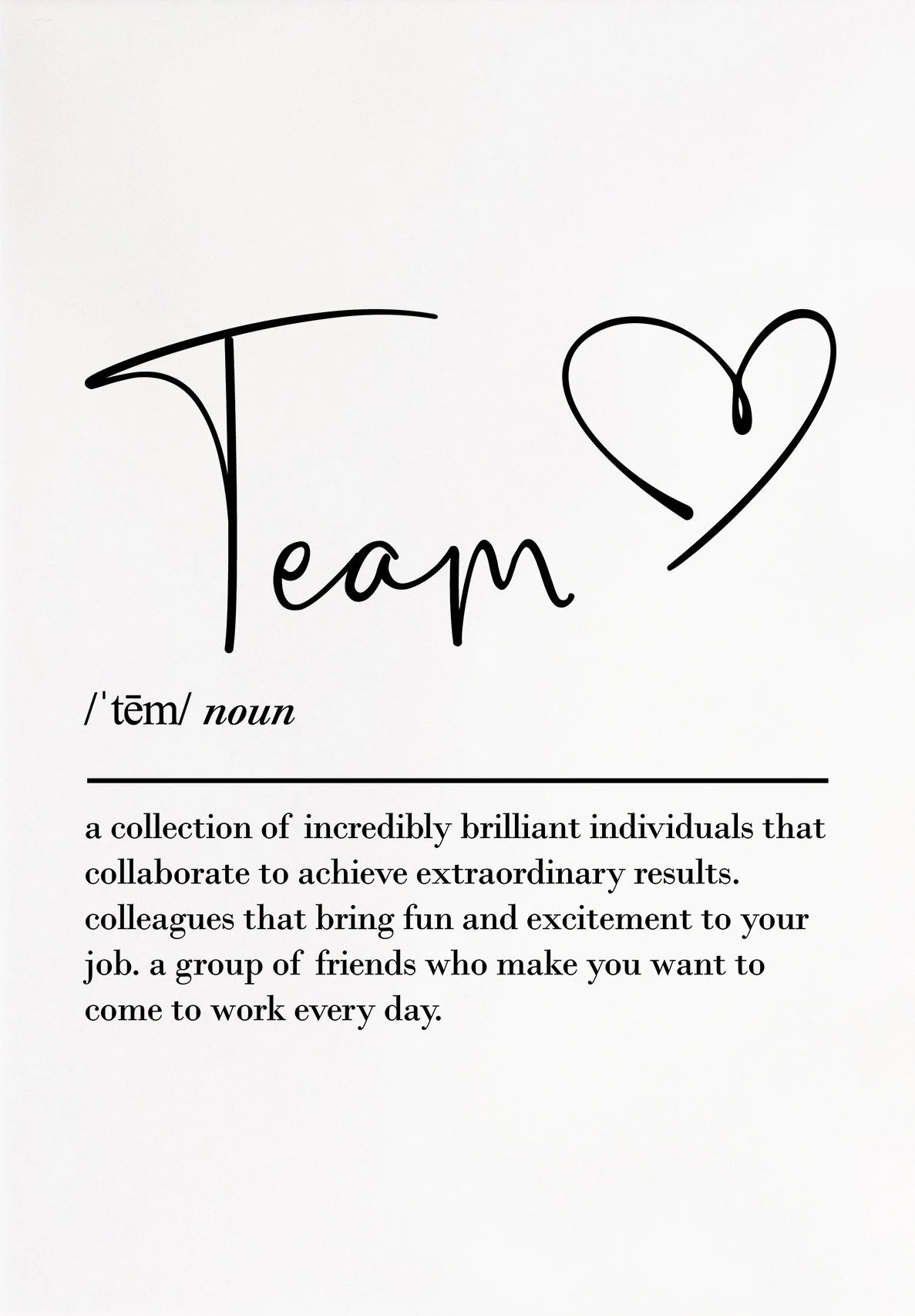 Definition of 'team' with a heart symbol on a white background