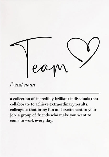 Definition of 'team' with a heart symbol on a white background