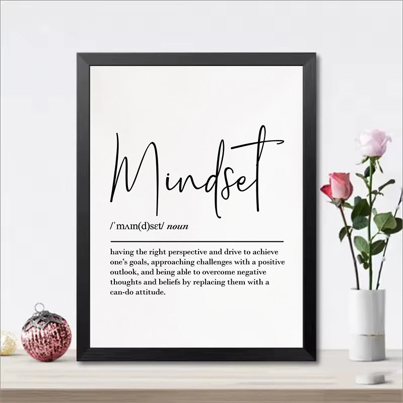 Framed print with the word 'Mindset' and its definition on a white wall with decorative elements.
