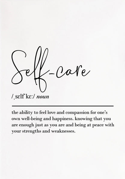 Definition of 'self-care' on a white background