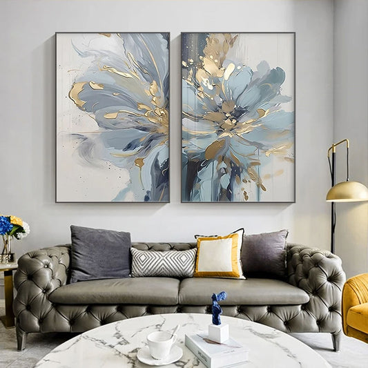 Subtle Shades Of Blue Golden Abstract Floral Wall Art Fine Art Canvas Prints Modern Botany Pictures For Luxury Living Room Bedroom Home Office Decor