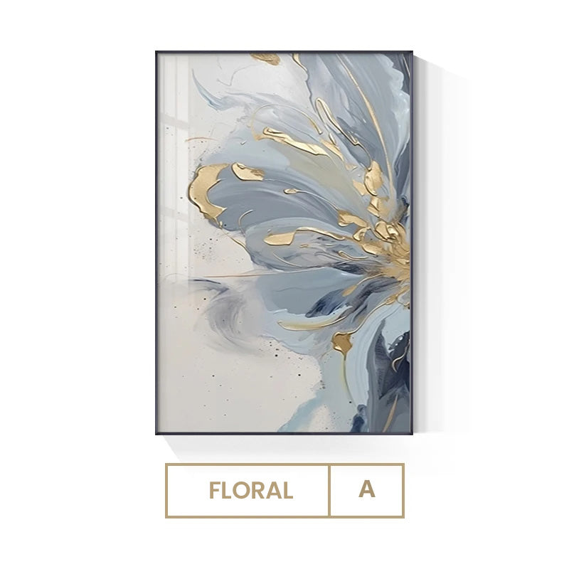 Subtle Shades Of Blue Golden Abstract Floral Wall Art Fine Art Canvas Prints Modern Botany Pictures For Luxury Living Room Bedroom Home Office Decor