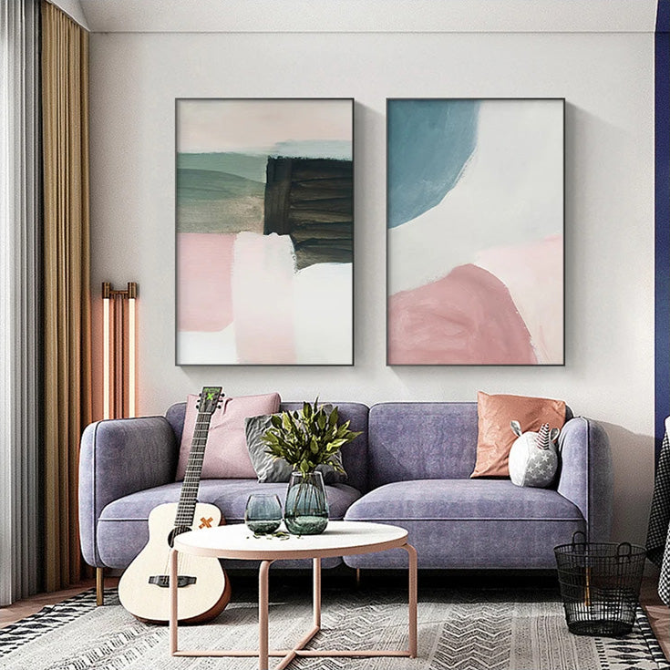 Subtle Shades Of Pink & Blue Watercolor Abstract Wall Art Fine Art Canvas Prints For Modern Apartment Living Room Bedroom Art For Contemporary Interiors