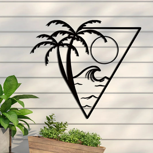 Sun Sea and Palm Tree Metal Wall Art 3d Crafted Iron Art Wall Decoration For Living Room Dining Room Bedroom Trendy Tanning Studio Salon Decor