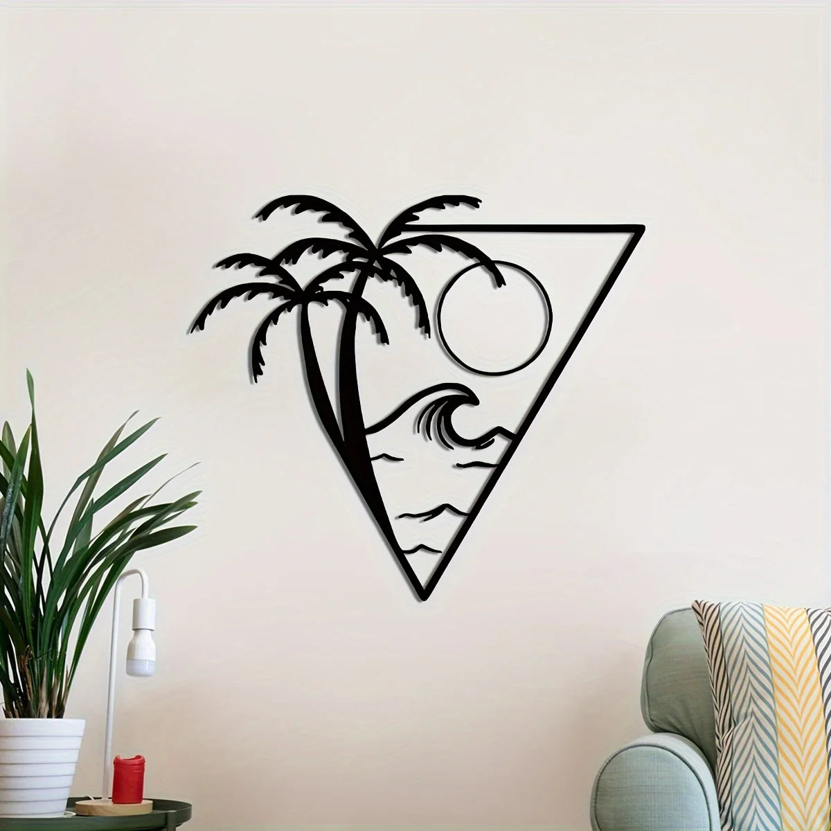 Sun Sea and Palm Tree Metal Wall Art 3d Crafted Iron Art Wall Decoration For Living Room Dining Room Bedroom Trendy Tanning Studio Salon Decor