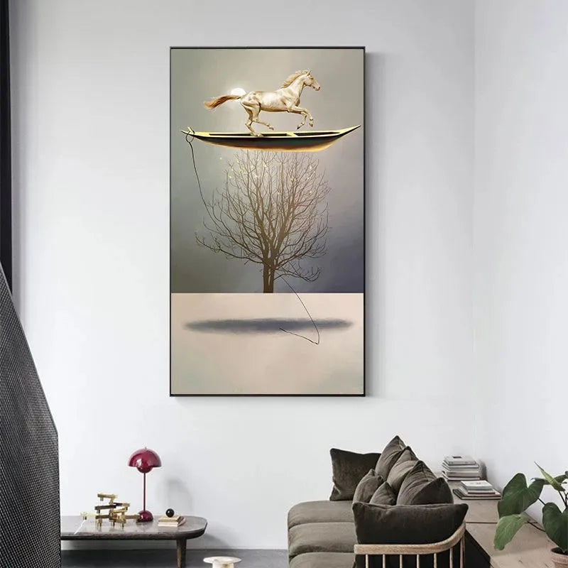 Surreal Abstract Auspicious Golden Boat Wall Art Fine Art Canvas Prints Modern Art For Living Room Foyer Reception Room Pictures For Contemporary Interiors 2025