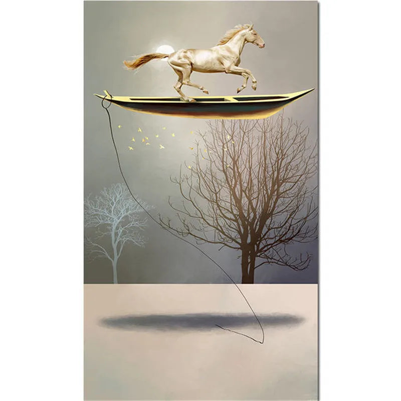 Surreal Abstract Auspicious Golden Boat Wall Art Fine Art Canvas Prints Modern Art For Living Room Foyer Reception Room Pictures For Contemporary Interiors 2025