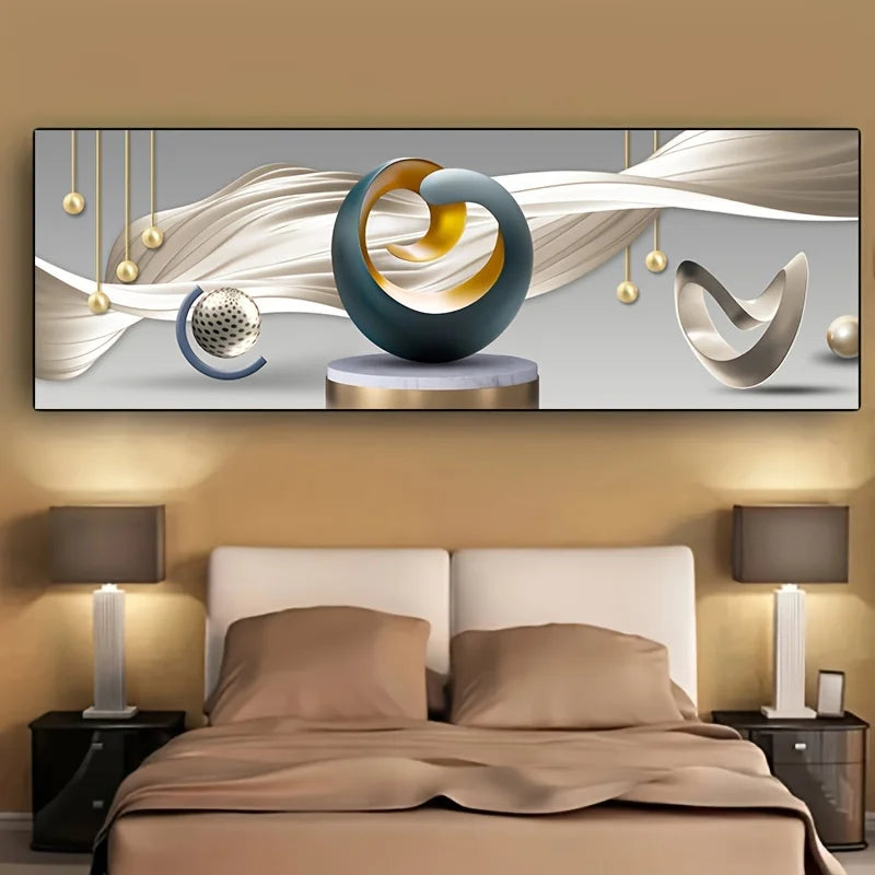 Abstract wall art above a bed in a bedroom setting