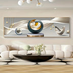 Modern living room with abstract wall art and a white sofa.