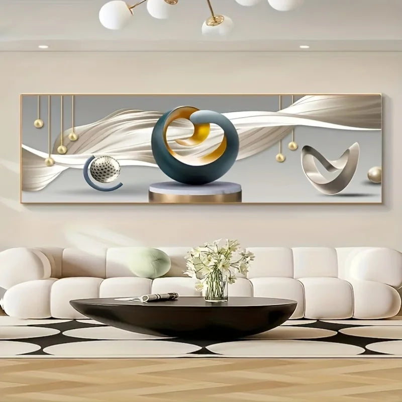 Modern living room with abstract wall art and a white sofa.