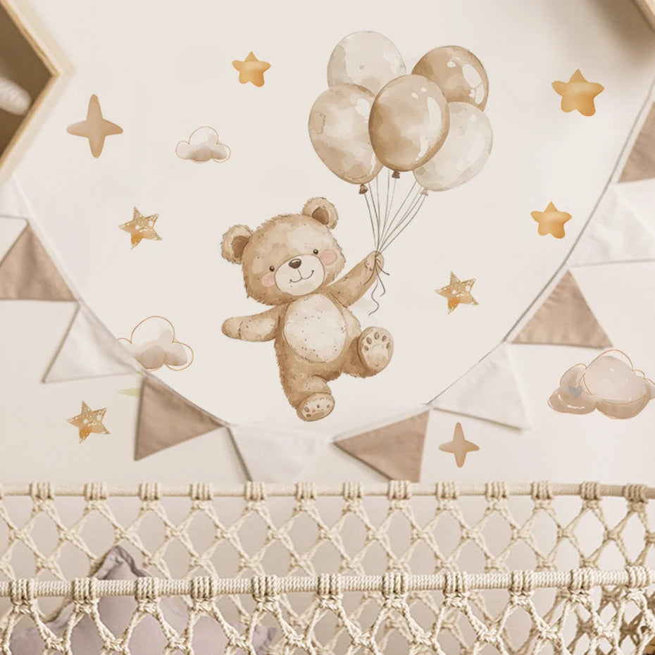 Teddy Bear Adventure Wall Decal – Vintage Plane, Balloons & Stars Stickers for Baby Boy's Nursery or Children’s Bedroom Creative DIY Home Decor