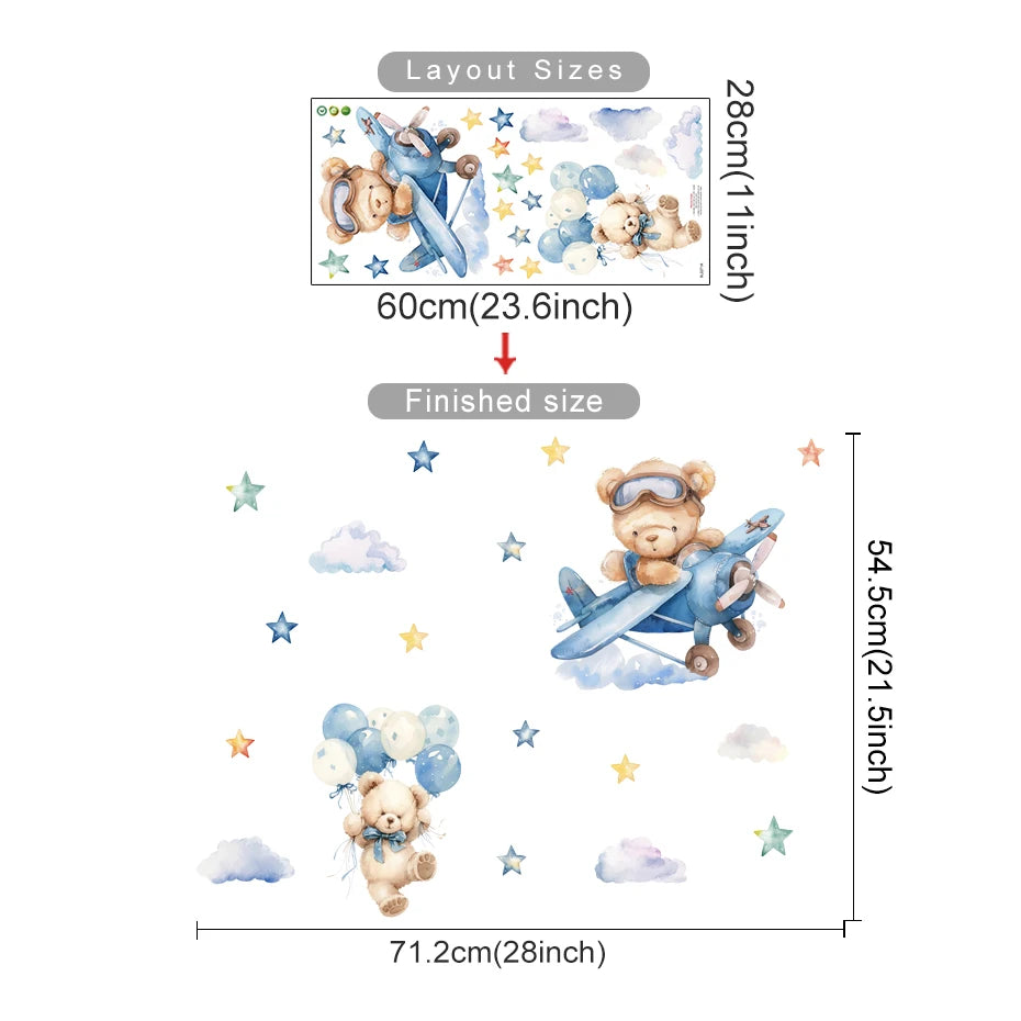 Teddy Bear Adventure Wall Decal – Vintage Plane, Balloons & Stars Stickers for Baby Boy's Nursery or Children’s Bedroom Creative DIY Home Decor