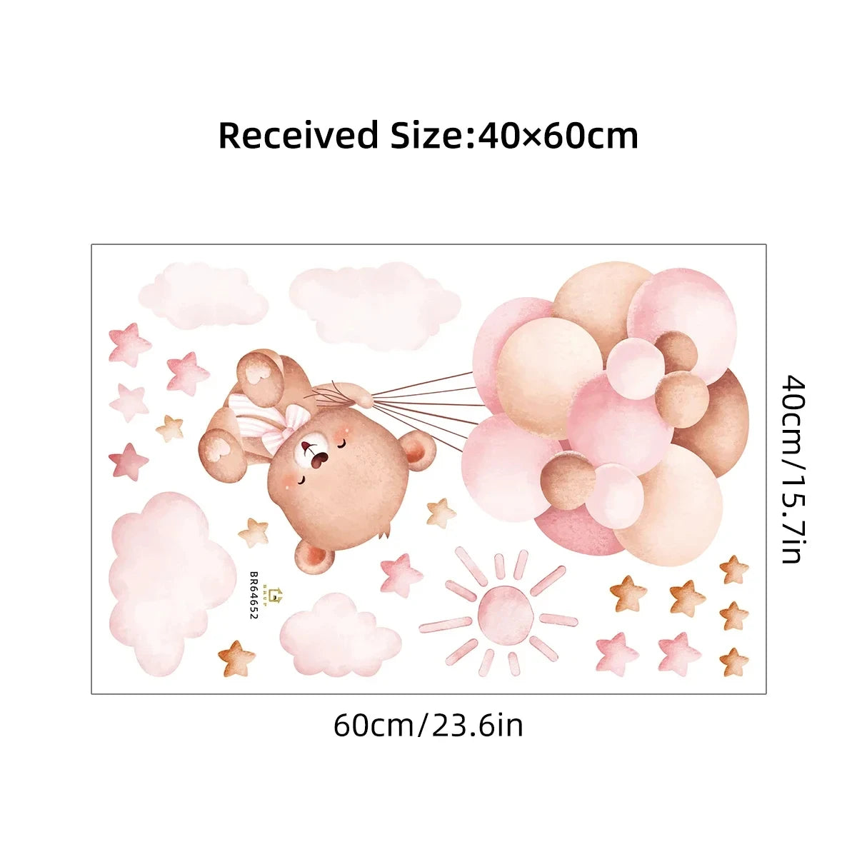 Wall decal with a bear holding balloons and stars, showing dimensions on a white background.