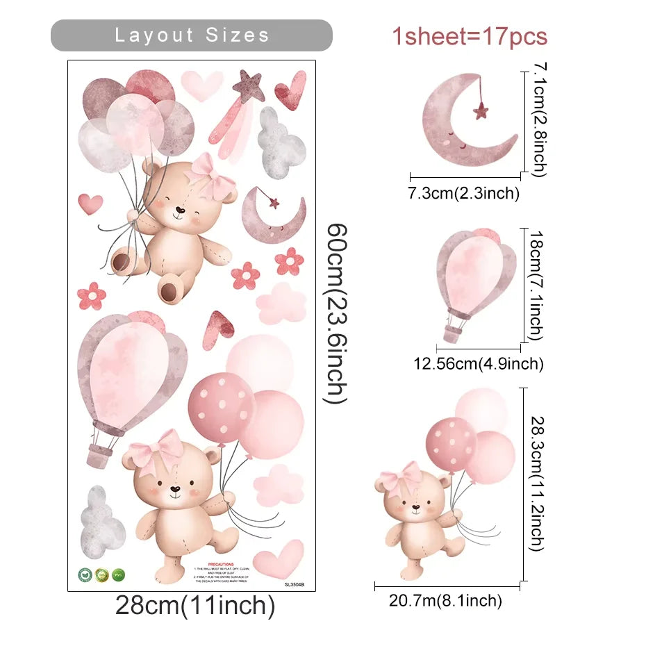 Wall stickers with teddy bears, balloons, and stars with layout sizes and dimensions displayed.