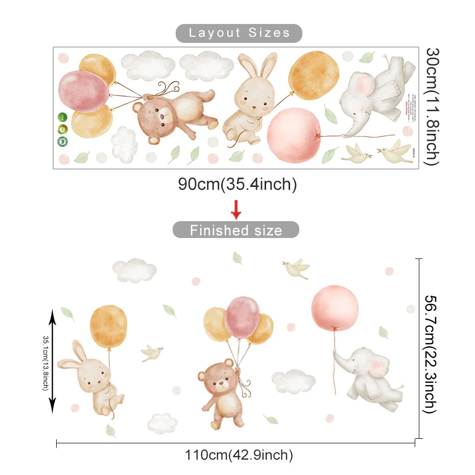 Wall decal with cartoon animals and balloons, showing layout sizes and finished dimensions.