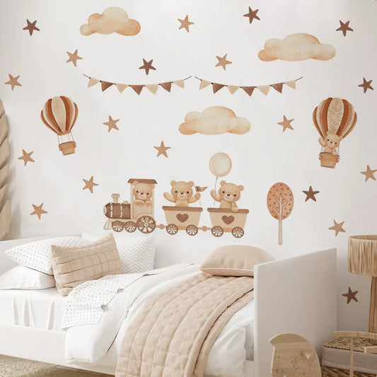 Teddy Bear Train & Hot Air Balloon Adventures Wall Decal - Cute Cartoon Peel & Stick Wall Stickers For Children's Bedroom Baby's Nursery Room Decor