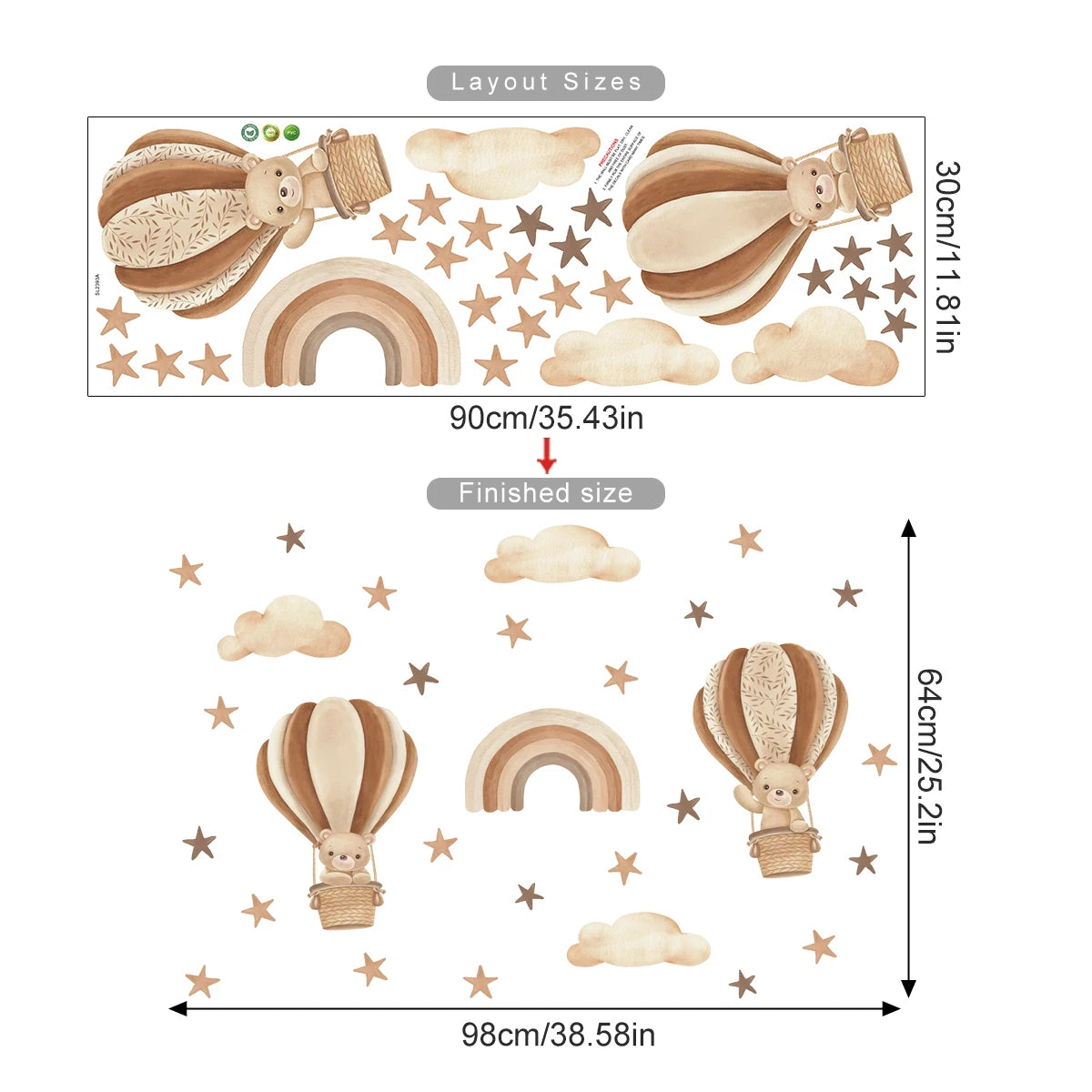 Wall decal set with hot air balloons, clouds, and stars on a white background