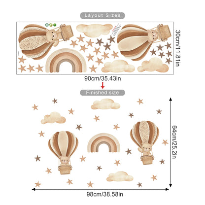Wall decal set with hot air balloons, clouds, and stars on a white background