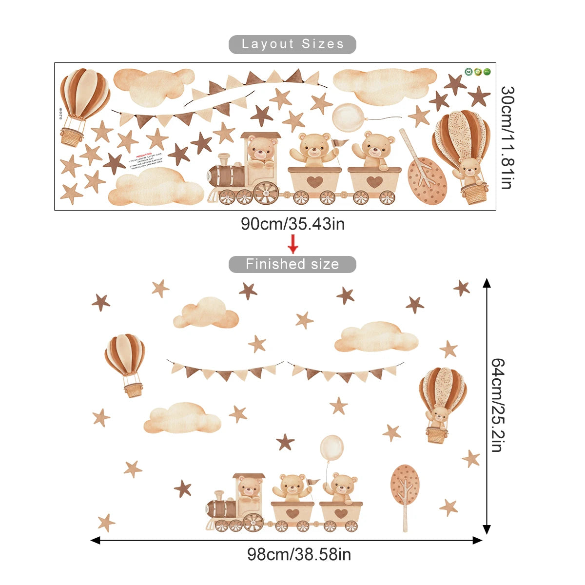 Teddy Bear Train & Hot Air Balloon Adventures Wall Decal - Cute Cartoon Peel & Stick Wall Stickers For Children's Bedroom Baby's Nursery Room Decor