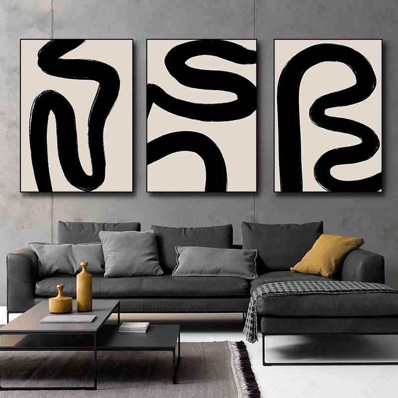 Thick Brush Flowing Lines Black Beige Abstract Wall Art Fine Art Canvas Prints Minimalist Artworks For Modern Apartment Living Room Home Office Decor