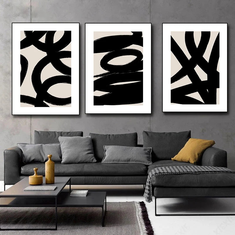 Thick Brush Flowing Lines Black Beige Abstract Wall Art Fine Art Canvas Prints Minimalist Artworks For Modern Apartment Living Room Home Office Decor