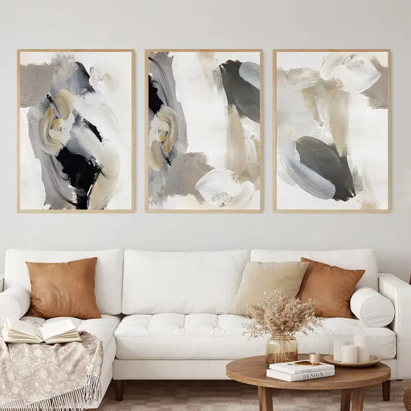Thick Brush Strokes Beige Gray Black Wall Art Fine Art Canvas Prints Modern Abstract Pictures For Living Dining Room Bedroom Art Decor