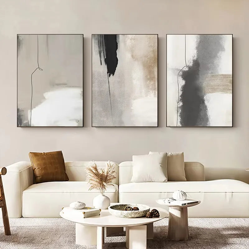 Thick Brush Strokes Beige Gray Black Wall Art Fine Art Canvas Prints Modern Abstract Pictures For Living Dining Room Bedroom Art Decor