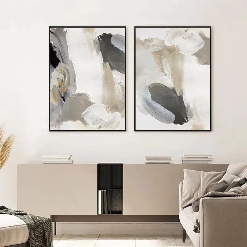 Thick Brush Strokes Beige Gray Black Wall Art Fine Art Canvas Prints Modern Abstract Pictures For Living Dining Room Bedroom Art Decor