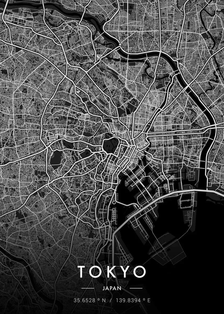 Black and white map of Tokyo, Japan with city layout and coordinates.
