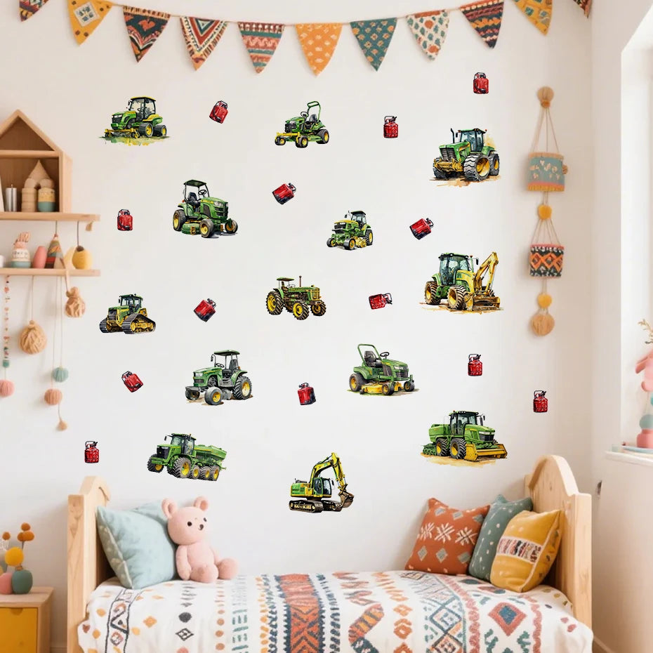Children's room with wall decals of tractors and a teddy bear on a bed.