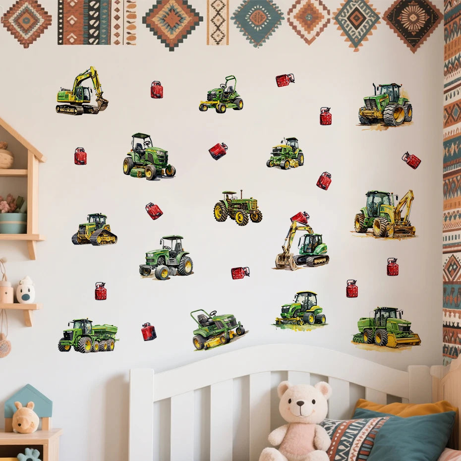Wall with various toy tractor and truck stickers in a child's room.