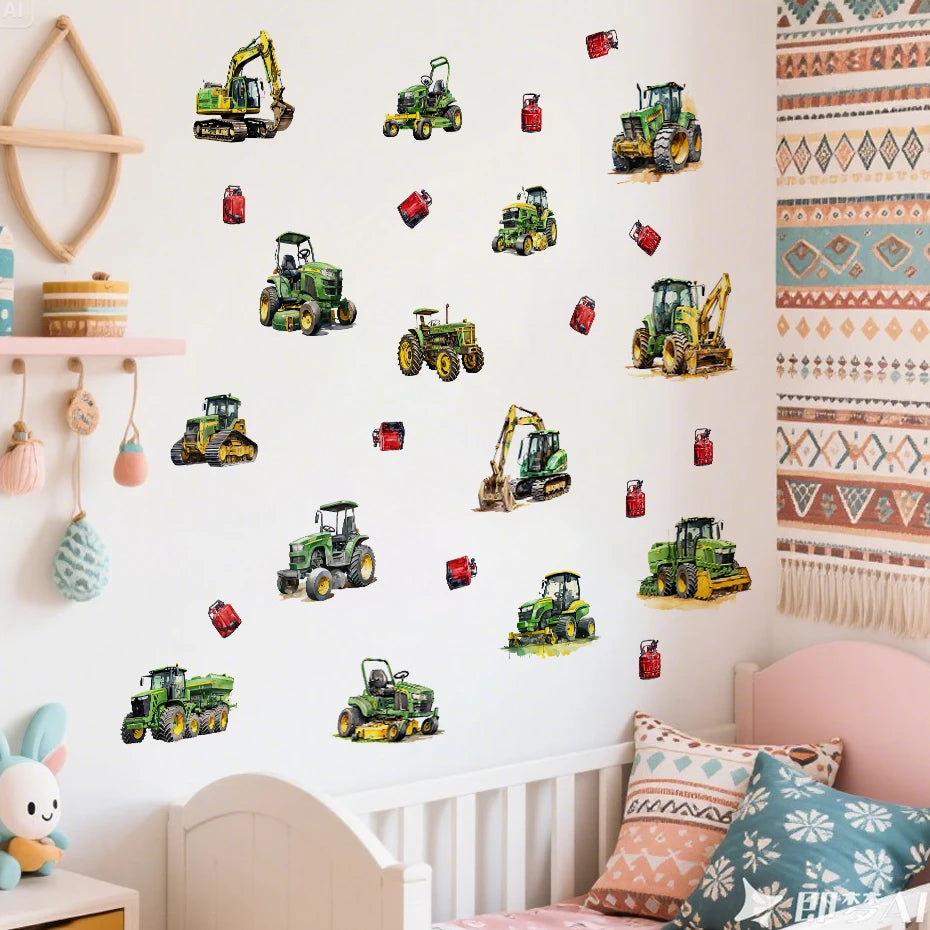 Children's room with wall stickers of tractors and construction vehicles.