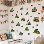 Children's room with tractor wall decals and decorative elements.