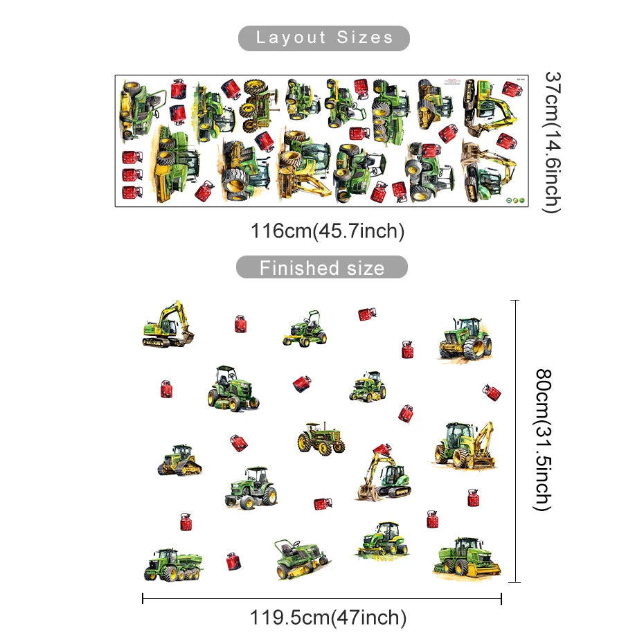 Illustration of toy tractor and truck wall stickers with layout sizes displayed.