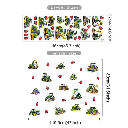 Illustration of toy tractor and truck wall stickers with layout sizes displayed.