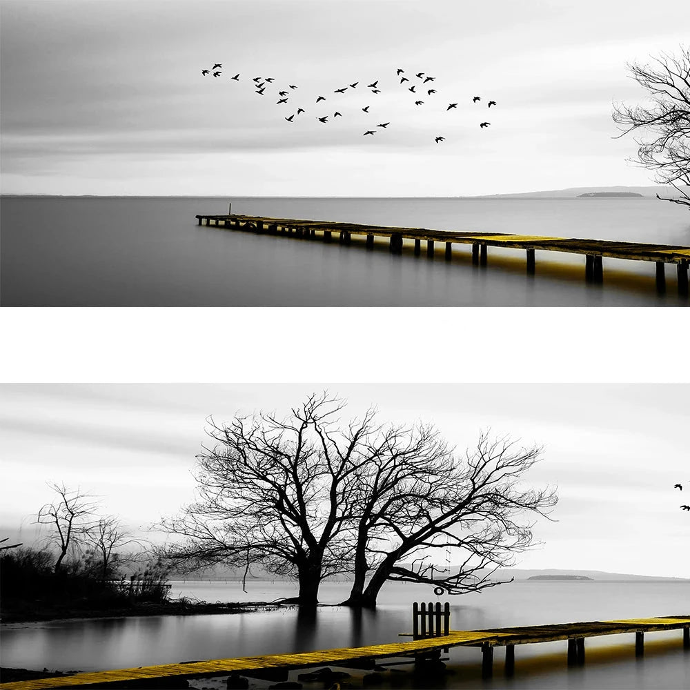 Tranquil Lake Pier Wide Format Wall Art Fine Canvas Prints Black White Pictures Of Calm For Above The Sofa Picture For Above The Bed