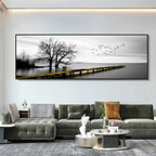 Tranquil Lake Pier Wide Format Wall Art Fine Canvas Prints Black White Pictures Of Calm For Above The Sofa Picture For Above The Bed
