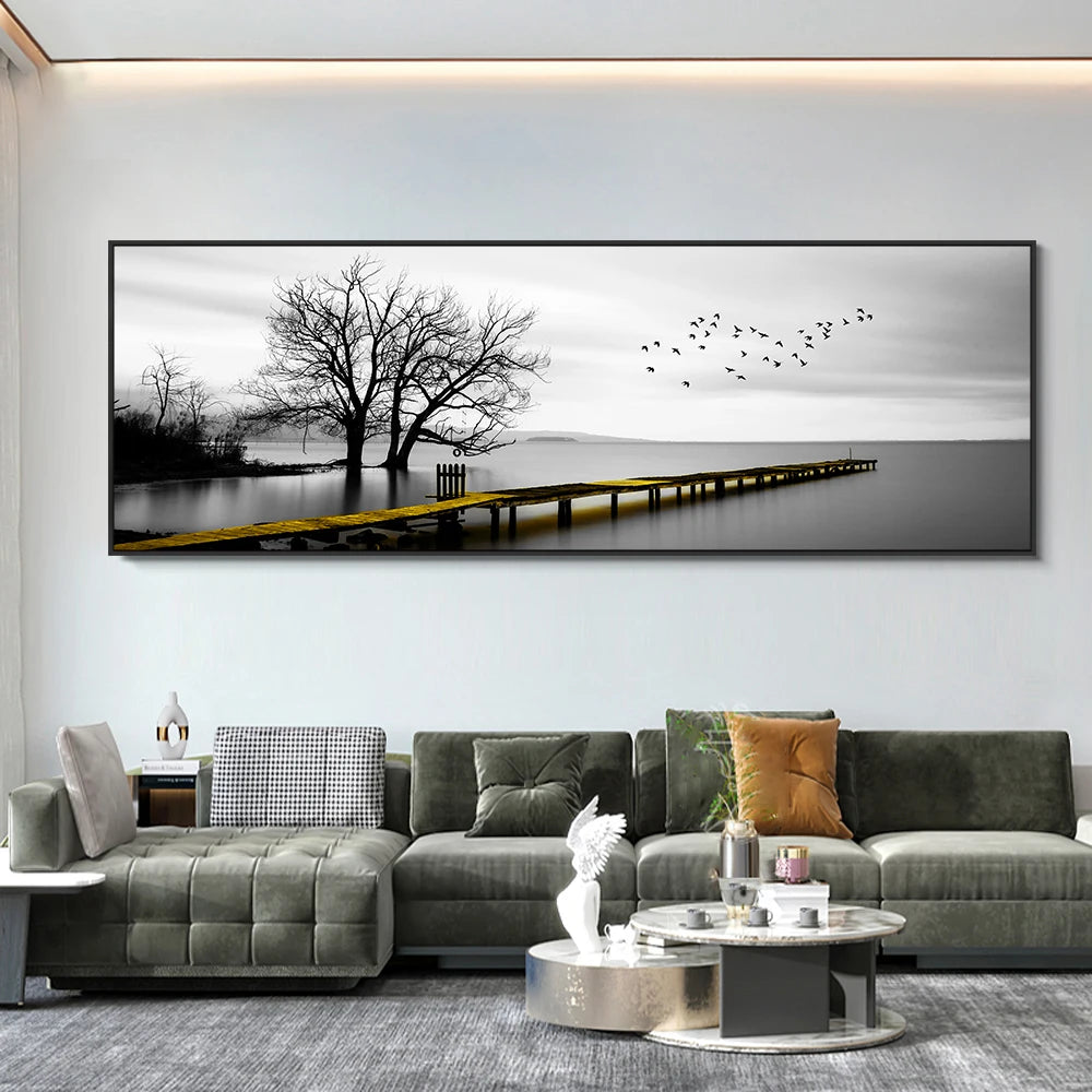 Tranquil Lake Pier Wide Format Wall Art Fine Canvas Prints Black White Pictures Of Calm For Above The Sofa Picture For Above The Bed