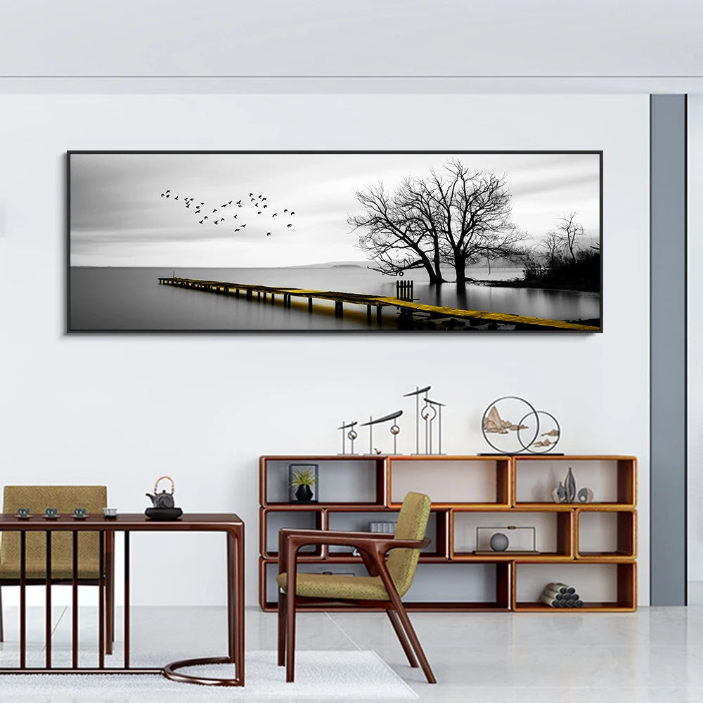 Tranquil Lake Pier Wide Format Wall Art Fine Canvas Prints Black White Pictures Of Calm For Above The Sofa Picture For Above The Bed